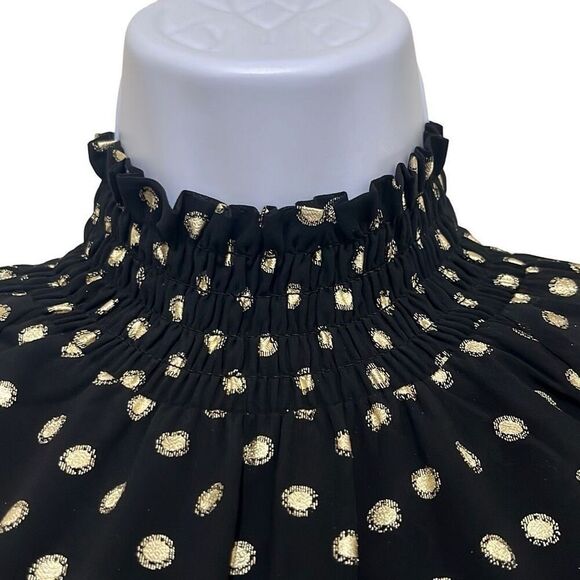 Yumi Kim Black Gold Polka Dot Lexington Top High Ruched Neck Long Sleeve Office - Picture 3 of 11